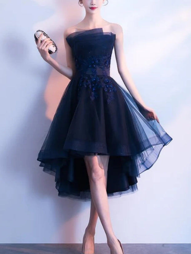 Luolandi Charming Navy Blue High Low Party Dress Lace Applique Prom Dress Off Shoulder Homecoming Dress Cocktail Dress